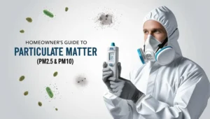 The Homeowners Guide to Particulate Matter - A Air Quality Tester with a White Suit and Respirator Testing the Air for Particulate Matter