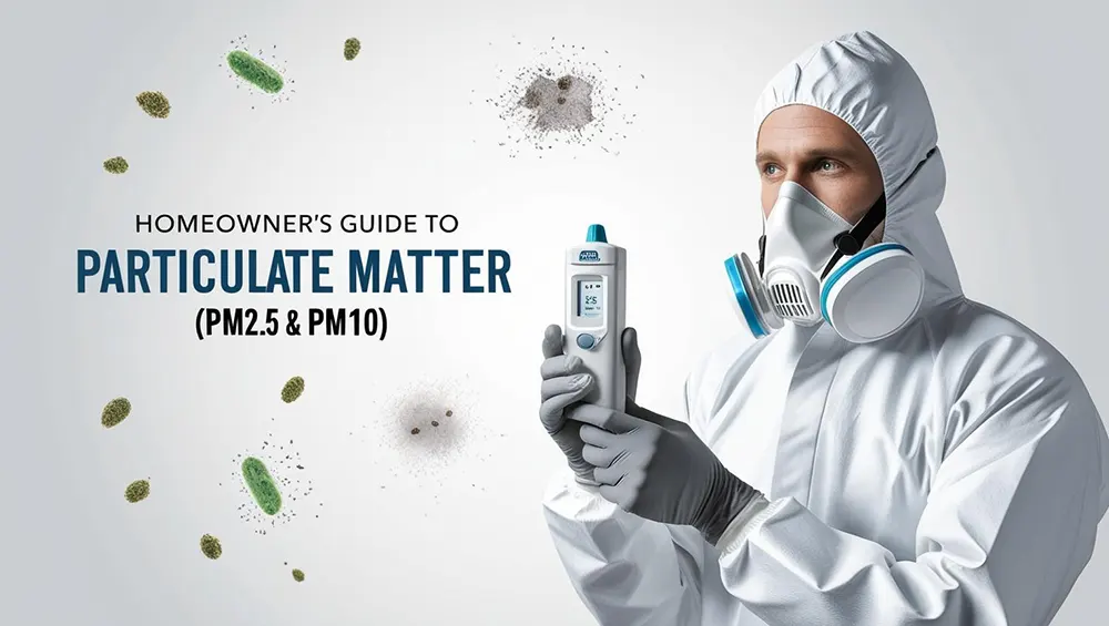The Homeowners Guide to Particulate Matter - A Air Quality Tester with a White Suit and Respirator Testing the Air for Particulate Matter