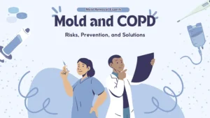 Illustration of healthcare professionals with medical tools and the title “Mold and COPD – Risks, Prevention, and Solutions,” highlighting the health impact of mold on individuals with chronic respiratory conditions.