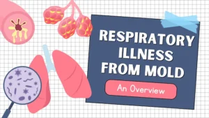 Illustration showing lungs, airways, and mold spores with a title that reads “Respiratory Illness from Mold – An Overview,” highlighting health effects of mold exposure.