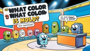 Cartoon-style game show scene featuring colorful mold characters asking, “What color is mold?” in a playful quiz setting with speech bubbles and spotlights.