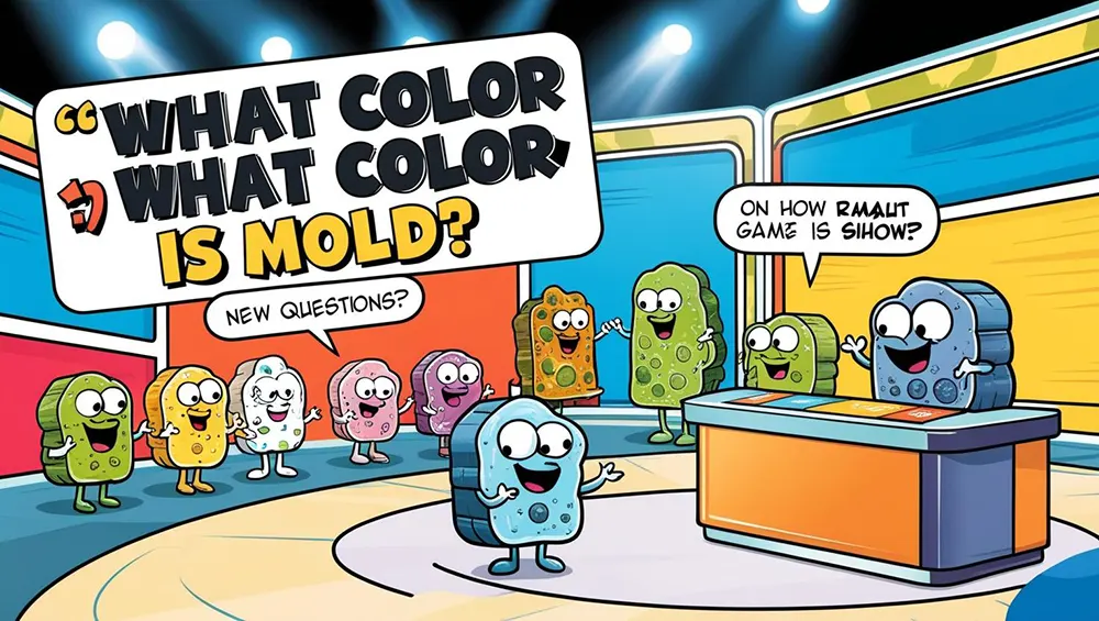 Cartoon-style game show scene featuring colorful mold characters asking, “What color is mold?” in a playful quiz setting with speech bubbles and spotlights.