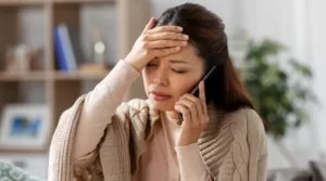 Concerned woman with a headache talking on the phone, possibly reporting mold-related health symptoms while sitting at home.