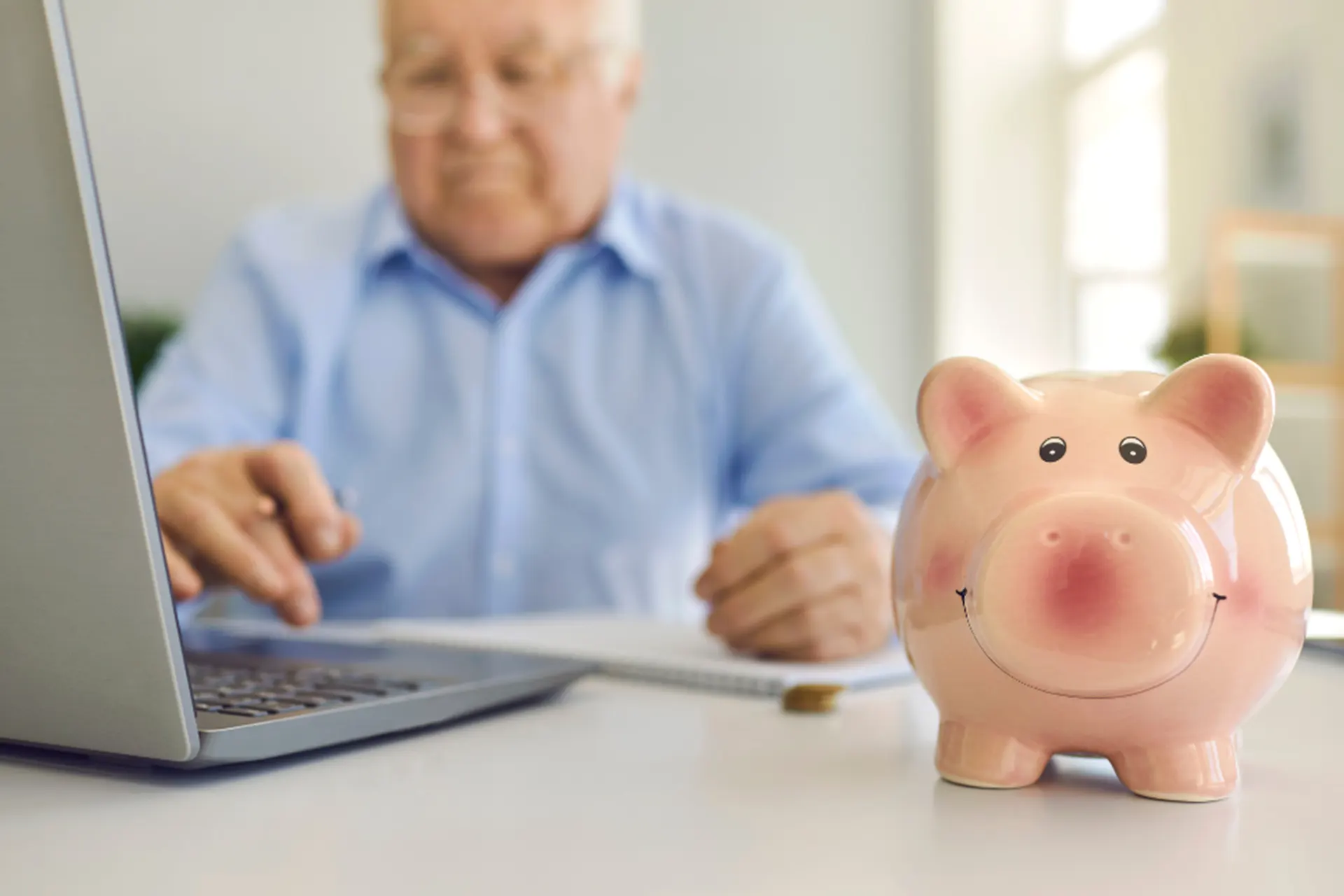 Benefits of Regular Mold Inspections - A Man Sitting Next to a Piggy Bank at a Laptop