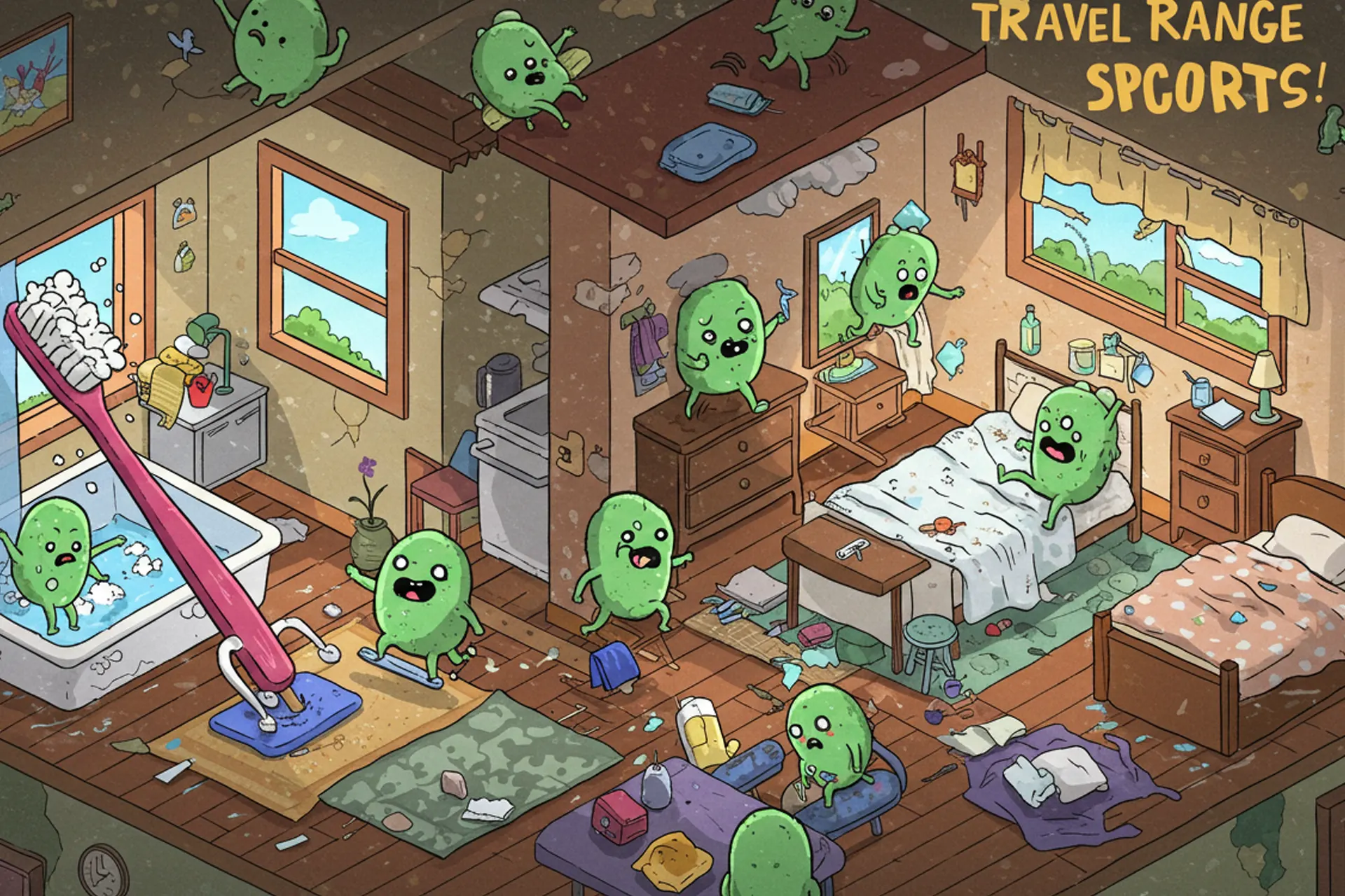 Microscopic mold spores traveling through indoor air, spreading from walls and carpets into ventilation systems and causing health risks in homes.