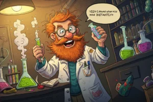 What kills black mold instantly – cartoon scientist in a goopy lab