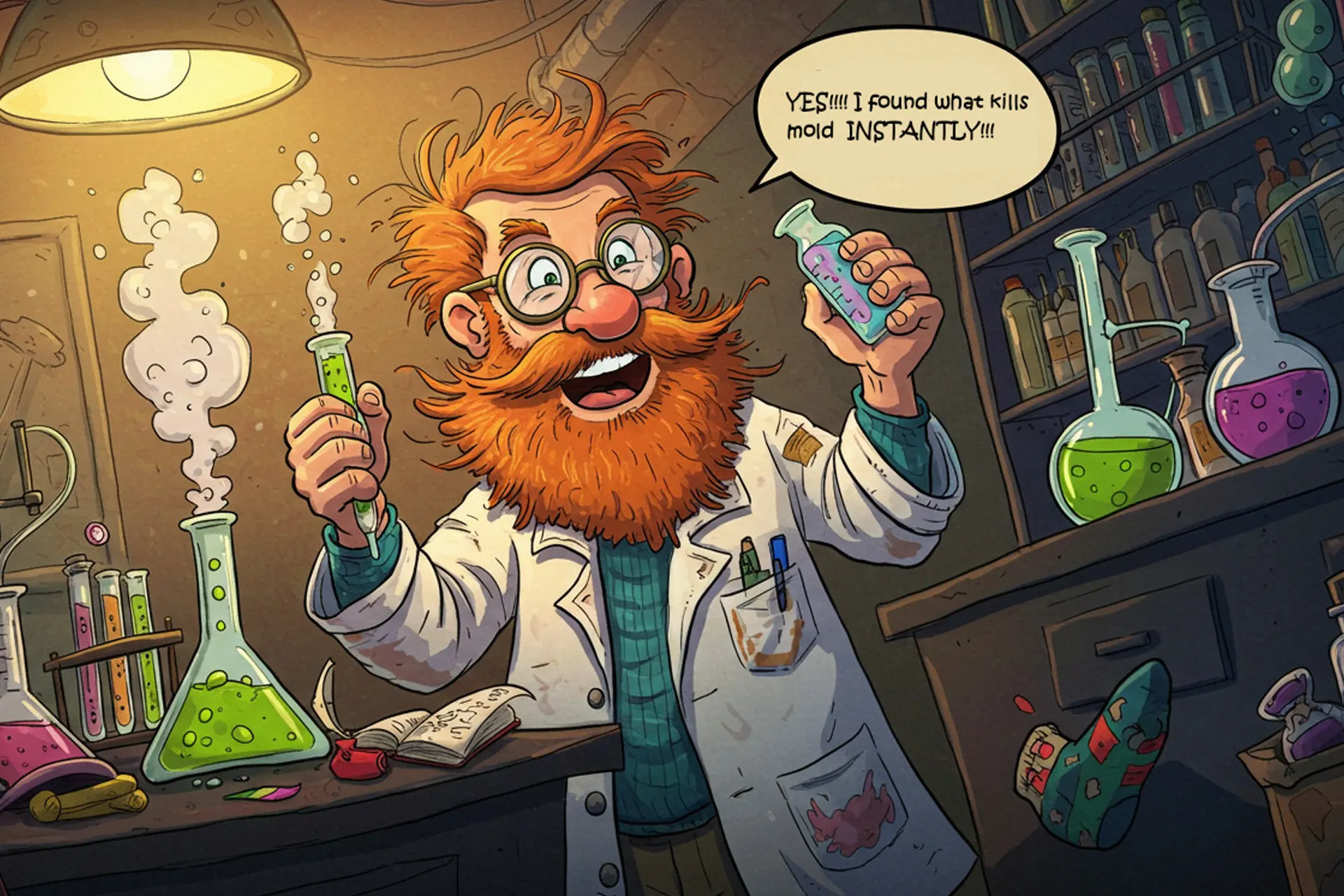 What kills black mold instantly – cartoon scientist in a goopy lab