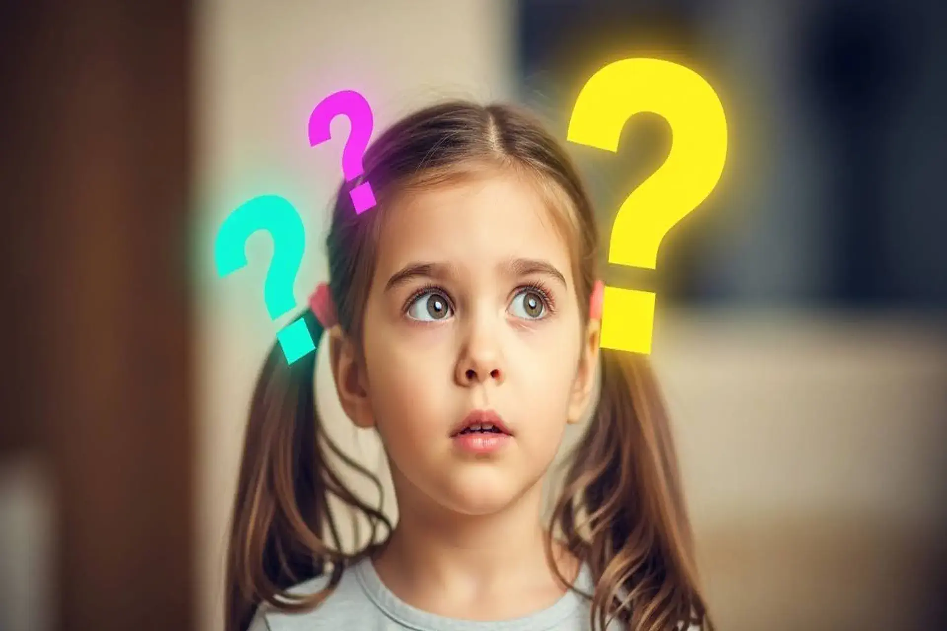 Little girl surrounded by question marks representing curiosity about what mold is, the types of mold, and how mold grows in homes