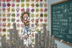 Cartoon scientist studying stacks of petri dishes with different mold species illustrated on the wall and mold data written on a chalkboard, representing scientific research on mold spores and species diversity.