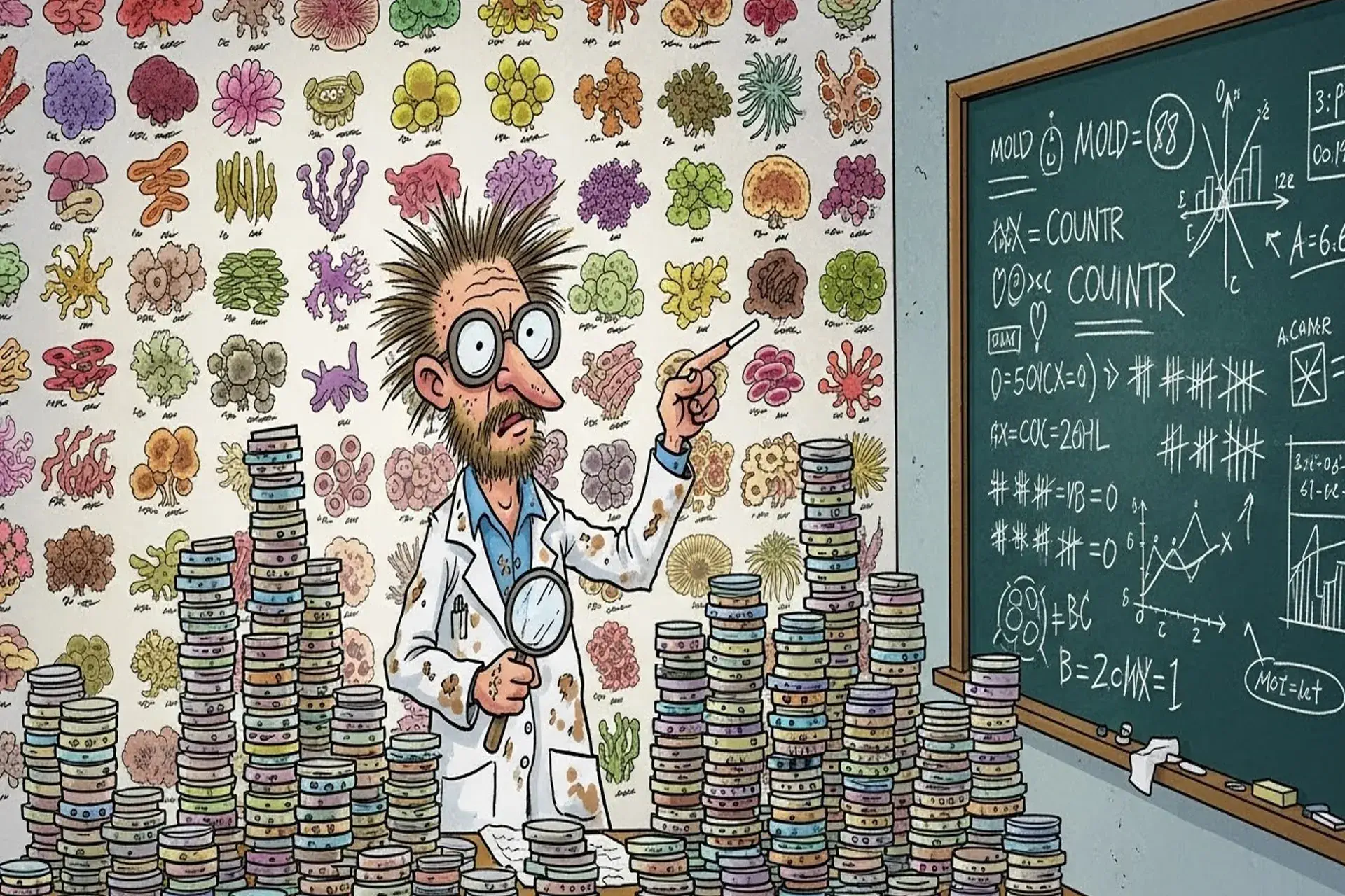Cartoon scientist studying stacks of petri dishes with different mold species illustrated on the wall and mold data written on a chalkboard, representing scientific research on mold spores and species diversity.