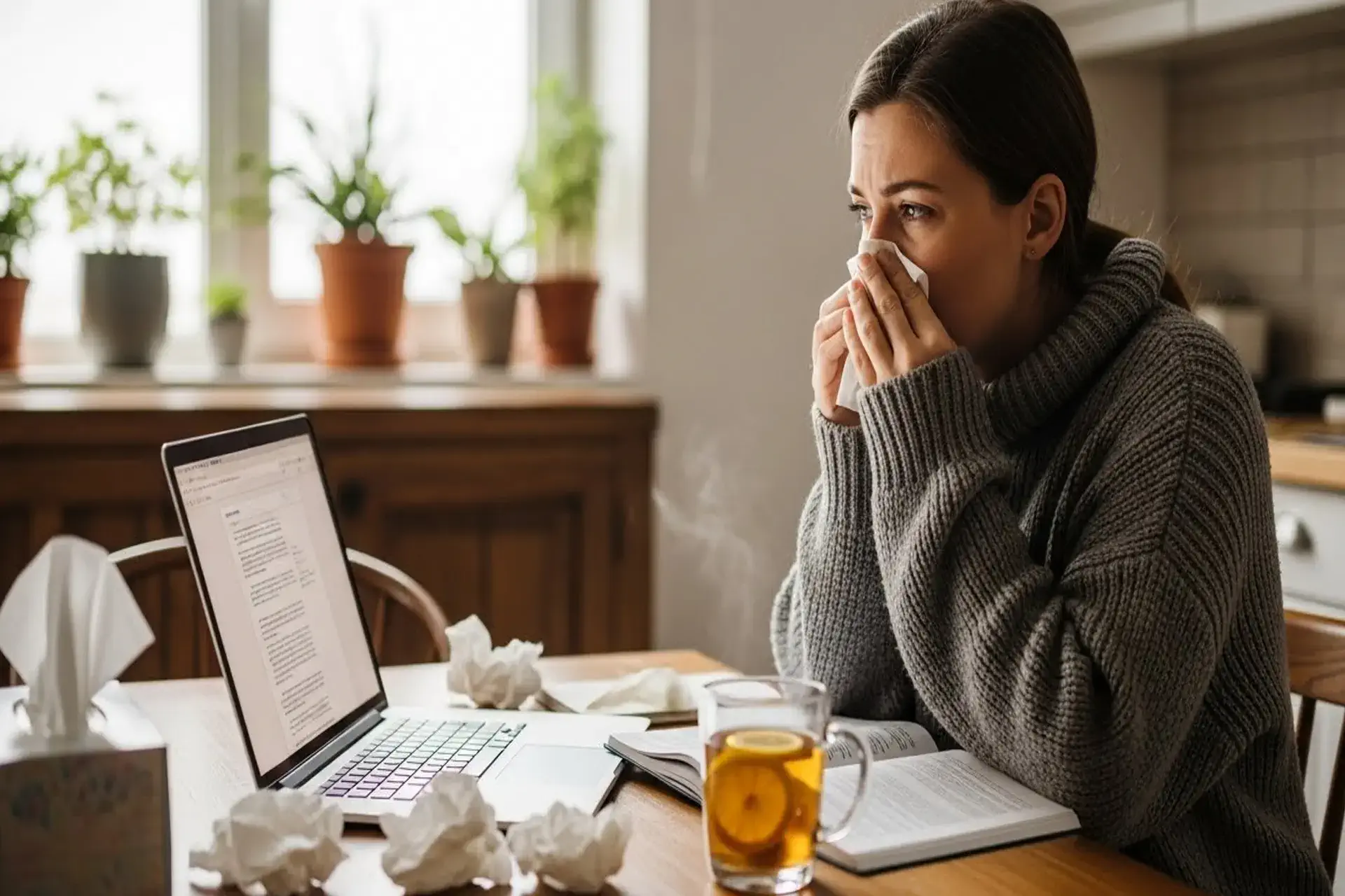 Person sitting at a table using a tissue near a laptop and tea mug, showing possible allergy or illness symptoms