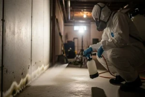 A woman sitting on a couch wrapped in a blanket, blowing her nose with tissues nearby, illustrating symptoms related to poor indoor air quality or mold exposure.