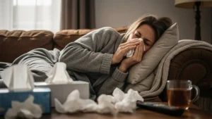 Woman lying on a couch with tissues, showing symptoms like congestion and fatigue caused by possible black mold exposure in the home.