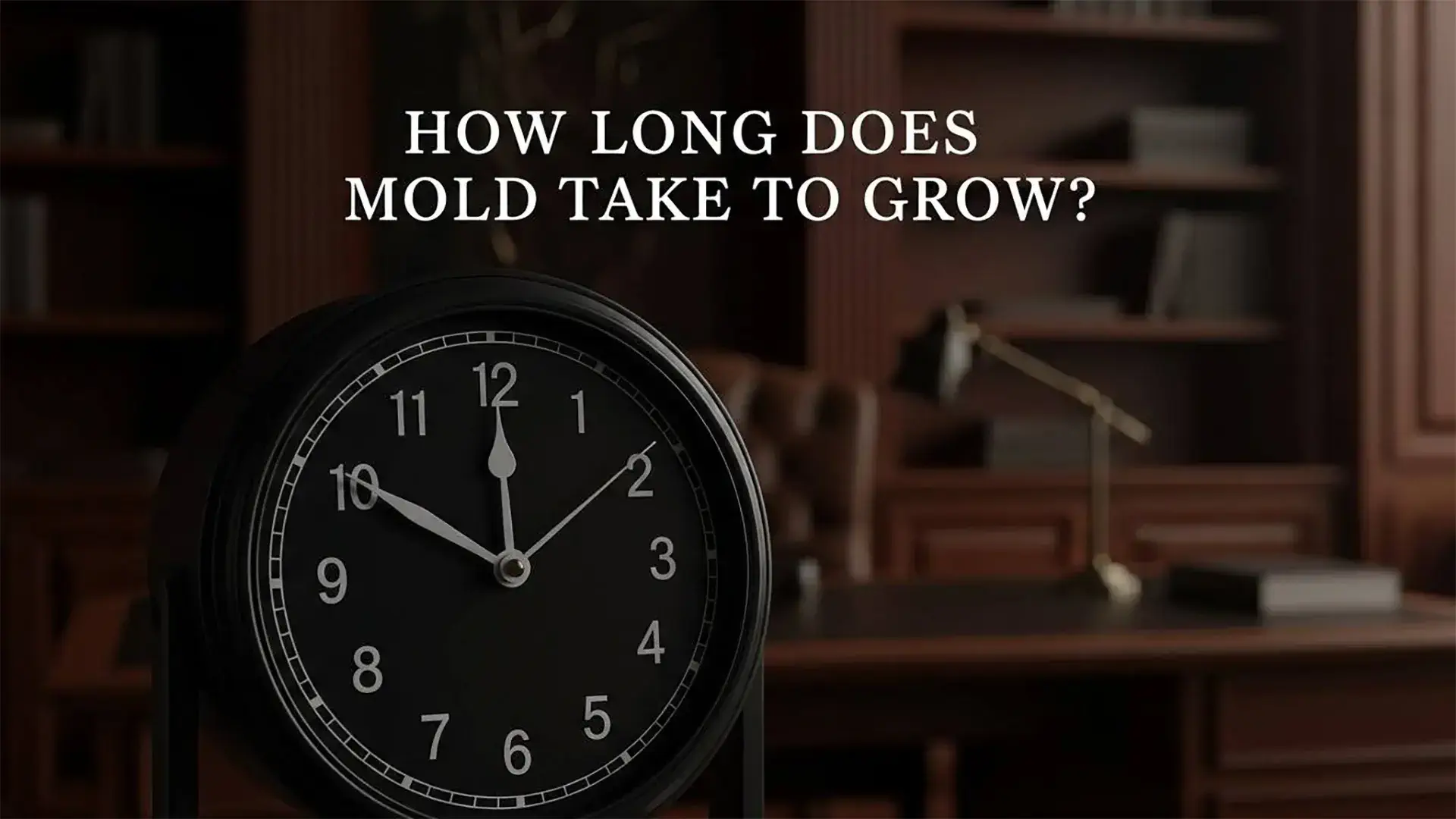 Close-up of a black analog clock in a dimly lit home office with the text “How Long Does Mold Take to Grow?” displayed above it.