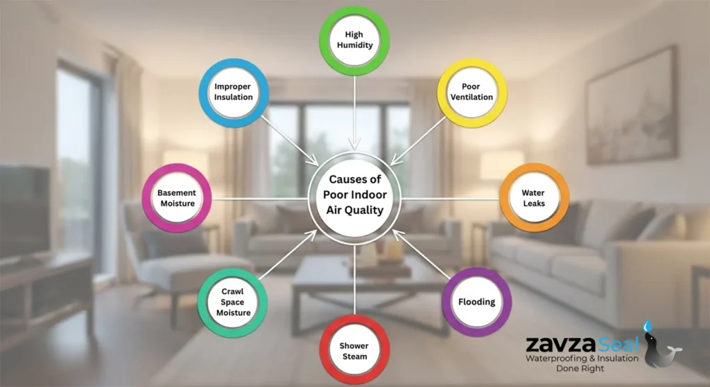 Diagram showing major causes of poor indoor air quality including high humidity, poor ventilation, water leaks, flooding, shower steam, crawl space moisture, basement moisture, and improper insulation, branded by Zavza Seal Waterproofing & Insulation.