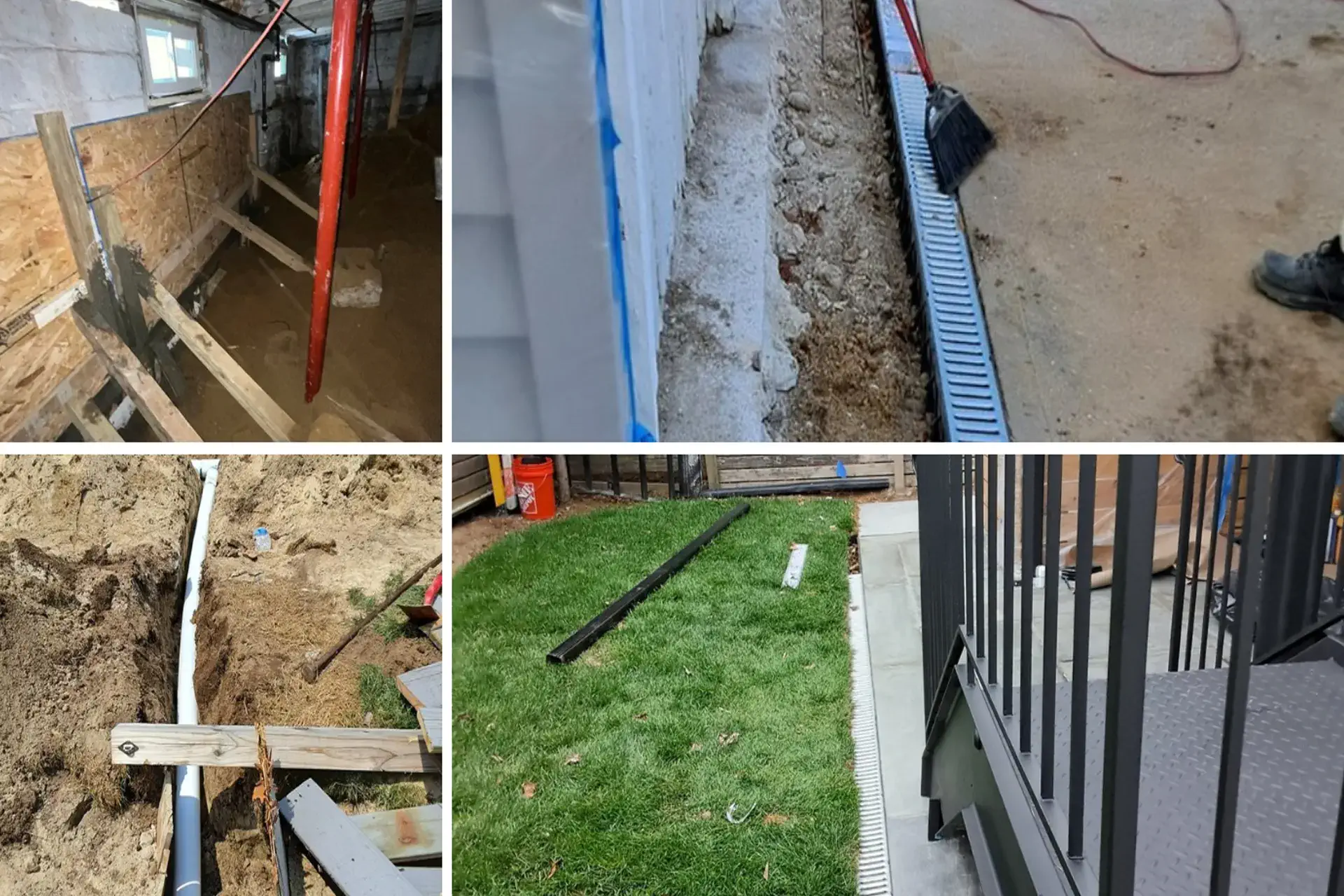 A four-image collage showing a Brooklyn drainage and waterproofing project, including interior crawl space excavation, installation of a perimeter French drain, exterior drainage trenching with PVC piping, and a completed back patio with a channel drain integrated into the concrete and railing system.