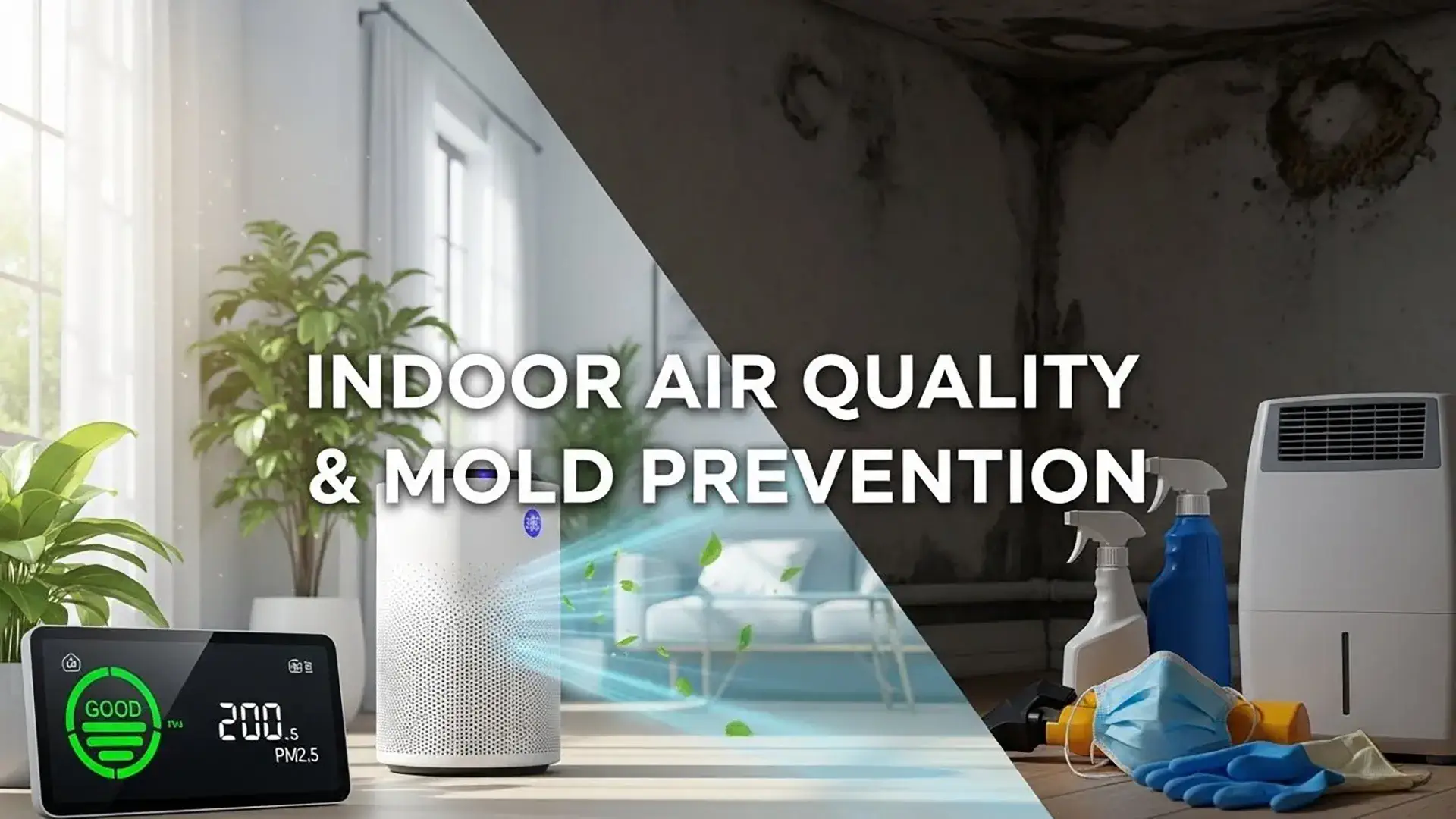 Indoor Air Quality and Mold Prevention Strategies for Healthy Homes: A Picture with the Title of the Page Written Over a Scene with an Air Purifier Blowing Fresh Air into a Living Room, and Cleaning Supplies Sitting Nearby