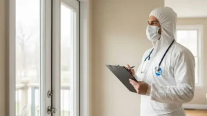 Infographic showing a mold inspection checklist for homeowners, highlighting whole-home warning signs, bathrooms, kitchens, living areas, basements, attics, and building envelope mold risk areas.