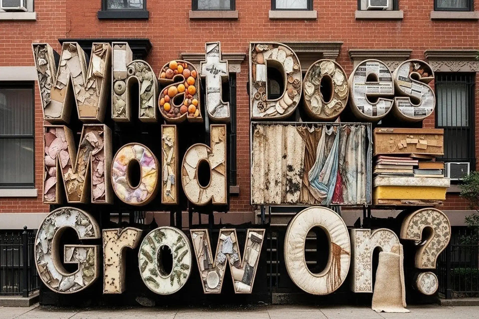 Large three-dimensional letters built from moldy drywall, wood, fabric, fruit, insulation, and other damaged materials form the phrase “What Does Mold Grow On?” displayed outdoors against a row of urban brick homes.