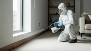Damp wall and baseboard before mold remediation