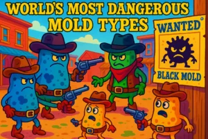 Cartoon illustration of dangerous mold types shown as cowboy characters in a Wild West scene, including a wanted poster for black mold, highlighting toxic mold dangers and indoor health risks.