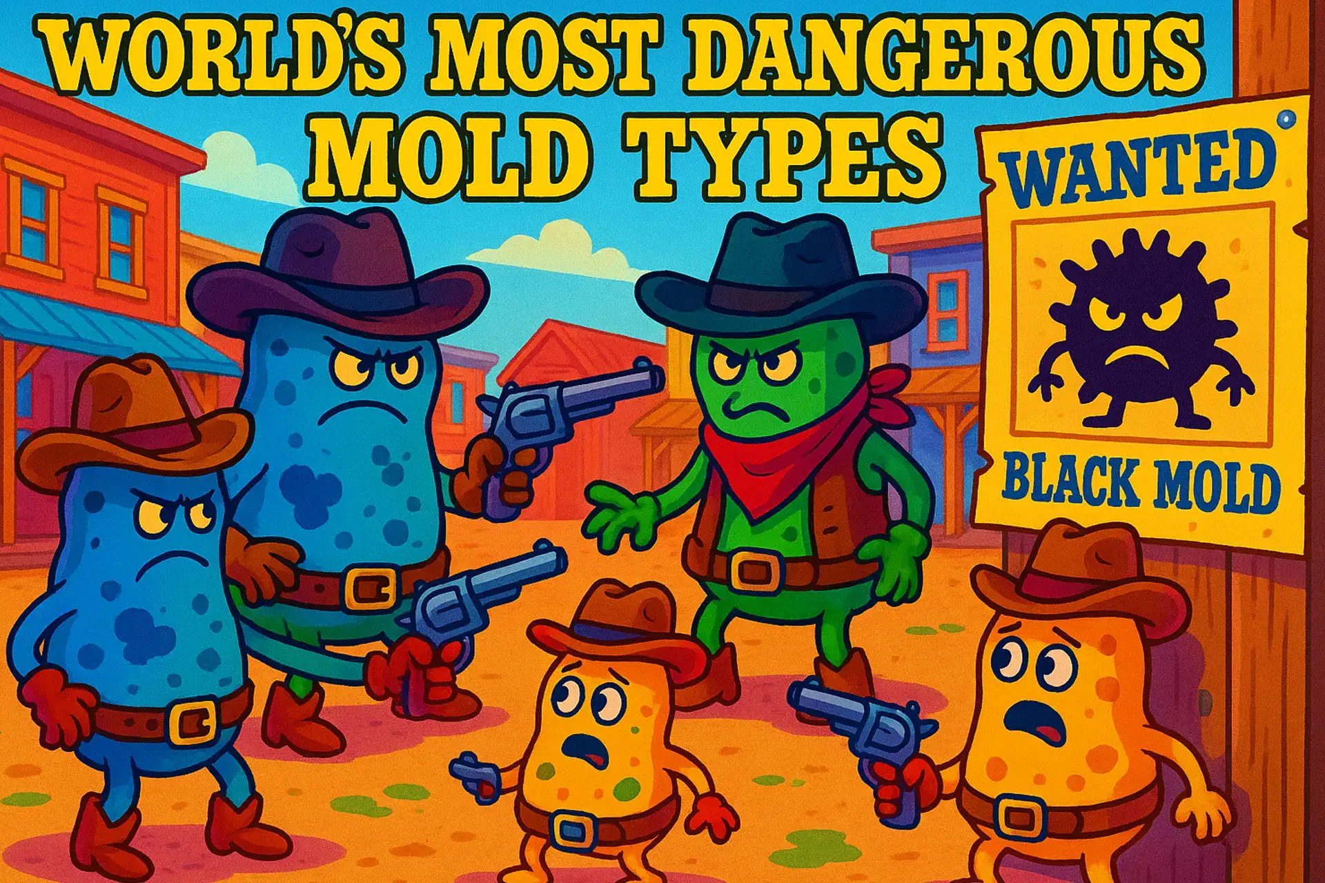 Cartoon illustration of dangerous mold types shown as cowboy characters in a Wild West scene, including a wanted poster for black mold, highlighting toxic mold dangers and indoor health risks.