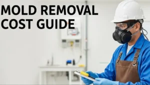 Professional mold remediation specialist in protective gear inspecting water-damaged kitchen with visible moisture problem