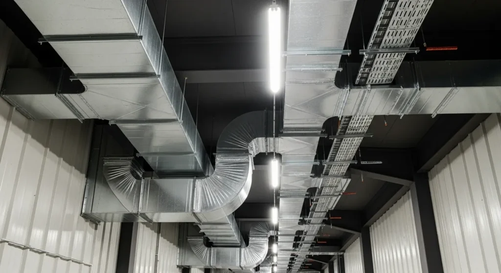 Commercial HVAC ductwork above ceiling showing interconnected air distribution systems that can spread moisture and mold.