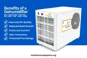 Benefits of a Dehumidifier - A Color Graphic with a Picture of a Dehumidifier and the Benefits Listed in Bullets