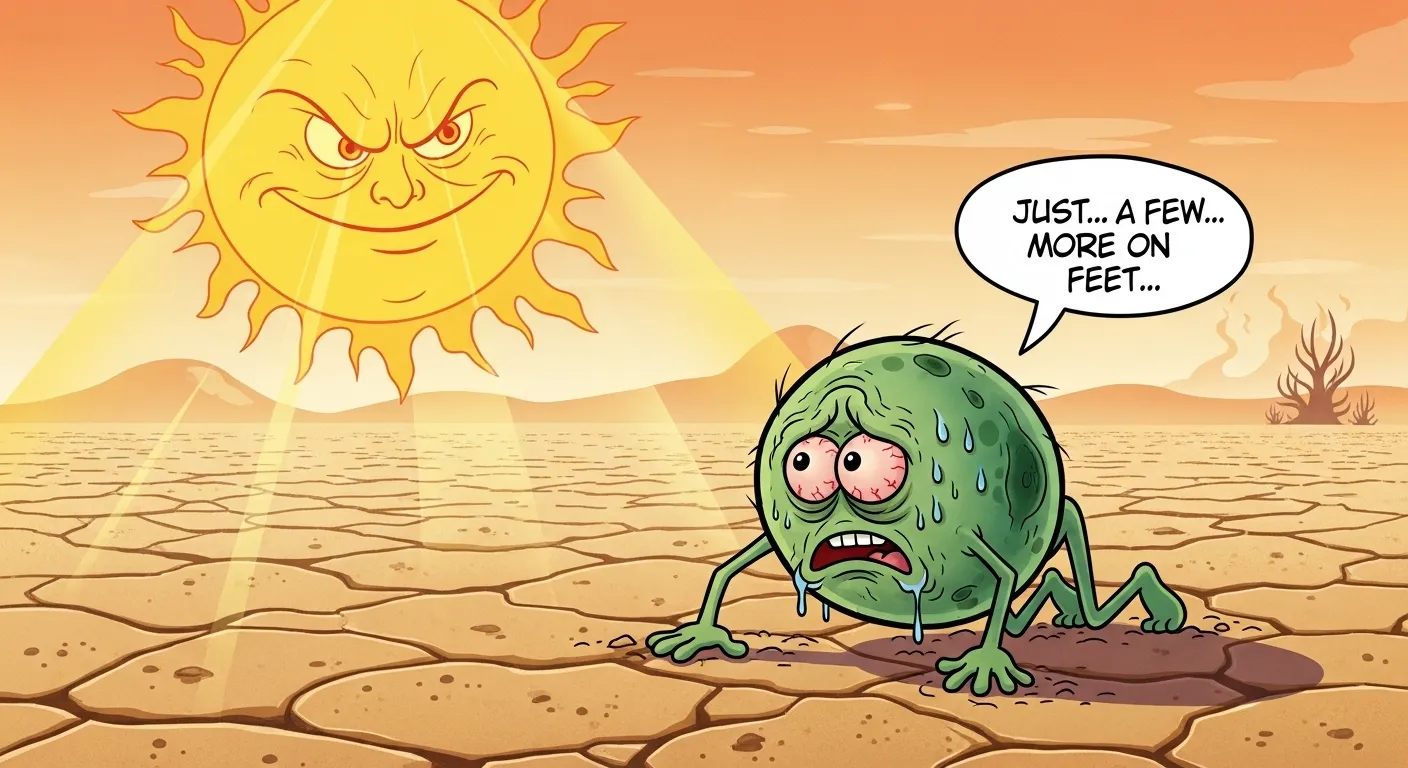 How Long Can Mold Survive Without Moisture - A Funny Cartoon of a Mold Spore Crawling Through a Desert with the Sun Shining Down on Him
