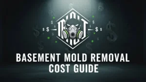 A Dark Green Background with a Mold Remediation Mask in the Center and Basement Mold Removal Cost Written On it
