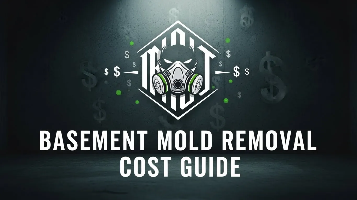 A Dark Green Background with a Mold Remediation Mask in the Center and Basement Mold Removal Cost Written On it
