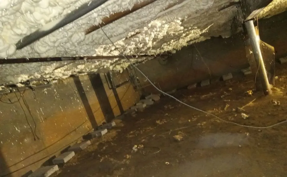 Crawl space insulated with spray foam to control moisture, air leakage, and mold growth under the home.