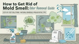 Illustrated guide showing how to get rid of mold smell in a home, with musty odors coming from a bathroom, sink, and walls, alongside cleaning supplies, mold remover spray, sponges, open windows for ventilation, and a dehumidifier removing moisture from indoor air.