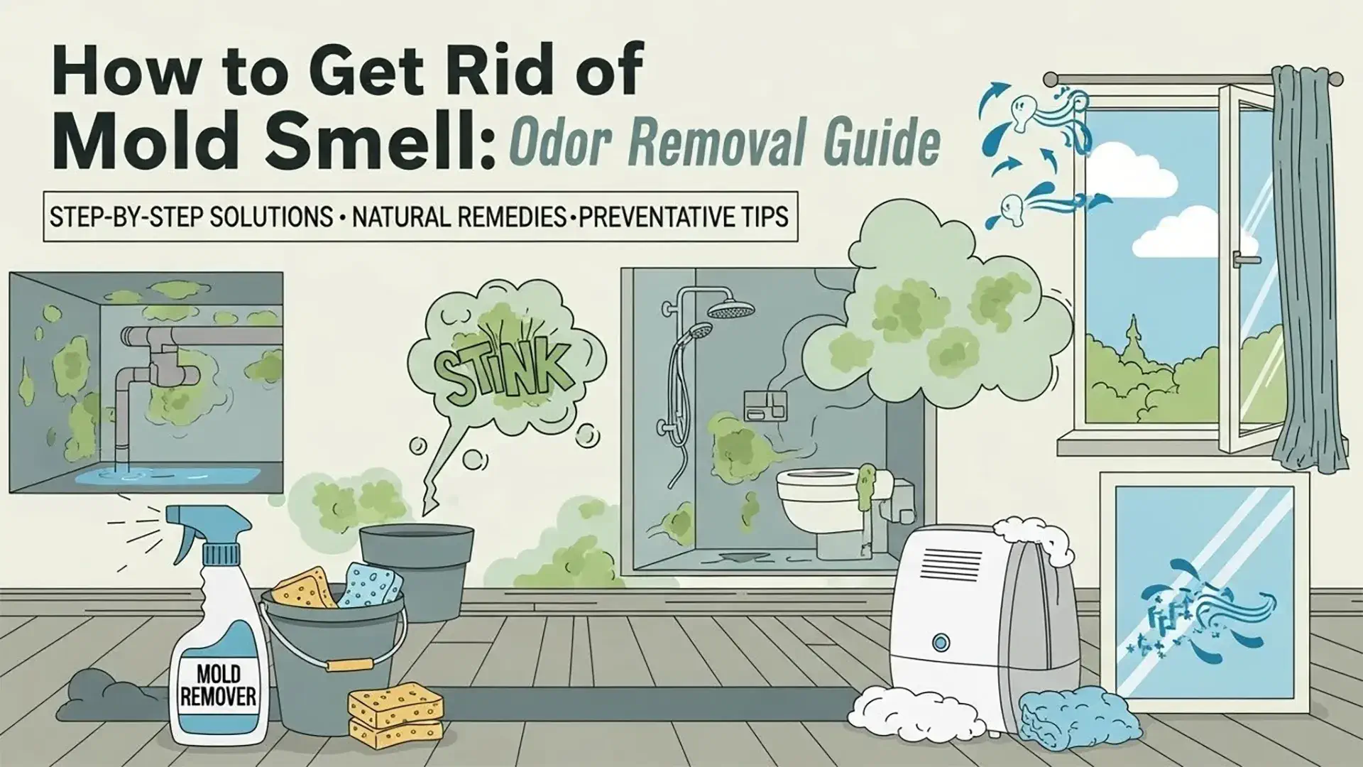 Illustrated guide showing how to get rid of mold smell in a home, with musty odors coming from a bathroom, sink, and walls, alongside cleaning supplies, mold remover spray, sponges, open windows for ventilation, and a dehumidifier removing moisture from indoor air.