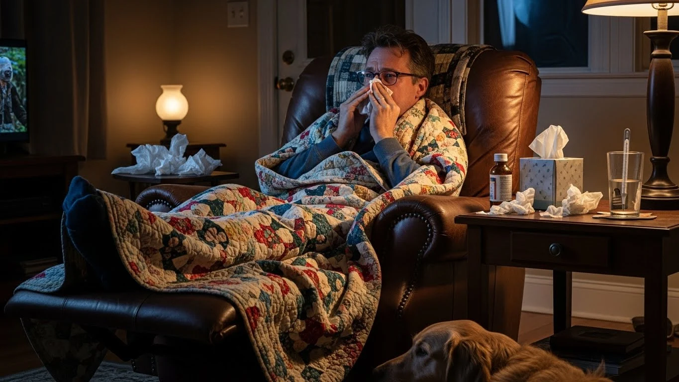 Symptoms of Aspergillus Mold Exposure - A Man Sitting in His Recliner Bundled Up in a Blanket, Blowing His Nose