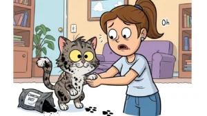 How Does Mold Affect Cats? A Cute Cartoon of a Woman Concerned for Her Mischievous, Mold Covered Kitten