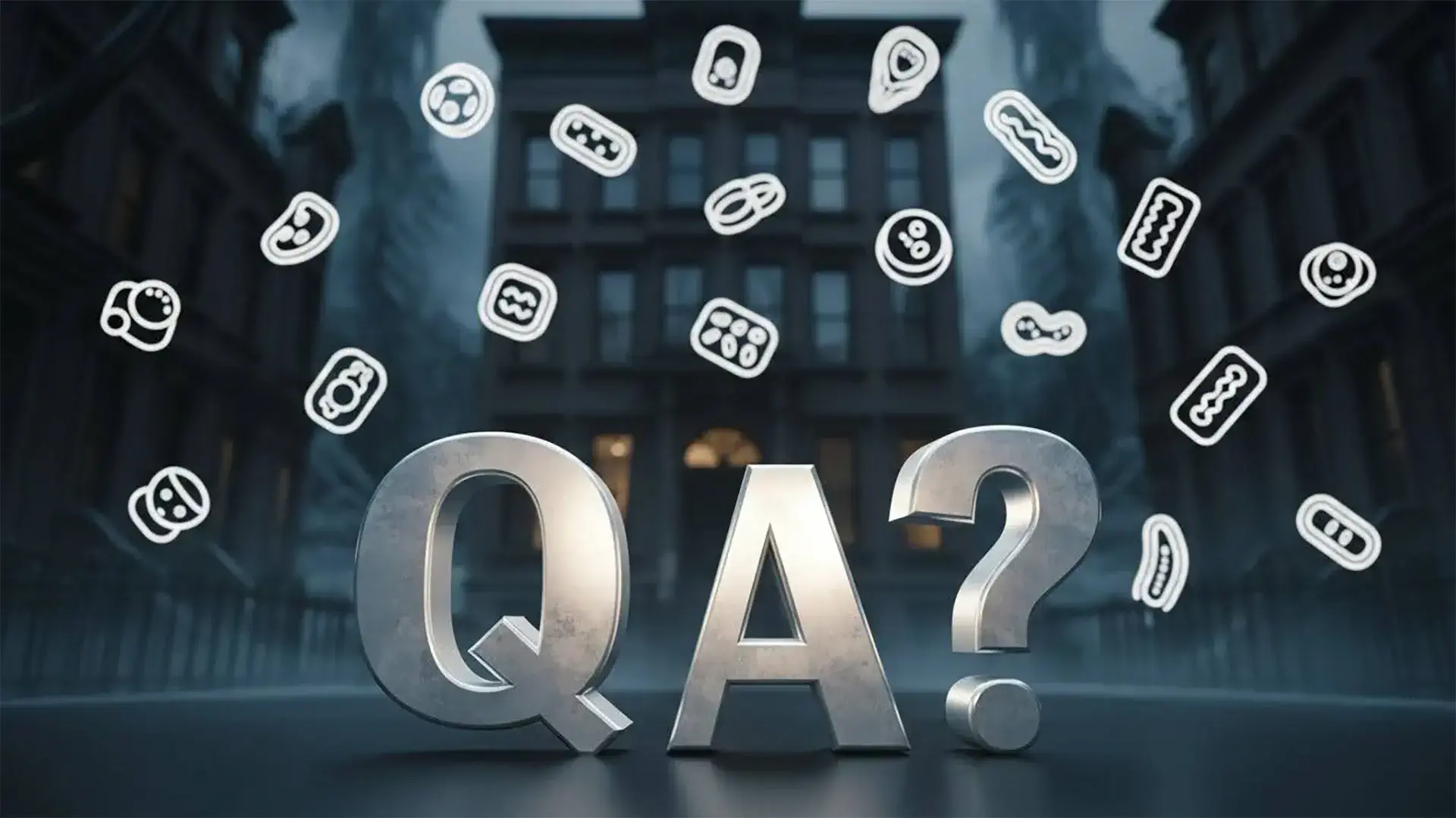 What Causes Mold in Houses - Conceptual image representing mold questions, with floating mold spore icons around large QA letters in front of a residential building.