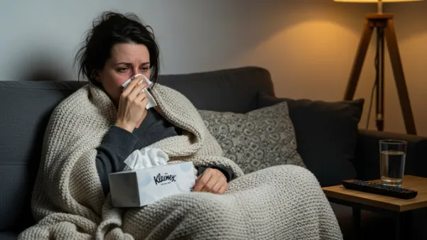 What Are the Signs of Mold in a House? - A Woman with aa Cold Bundled Up on the Couch, Blowing Her Nose