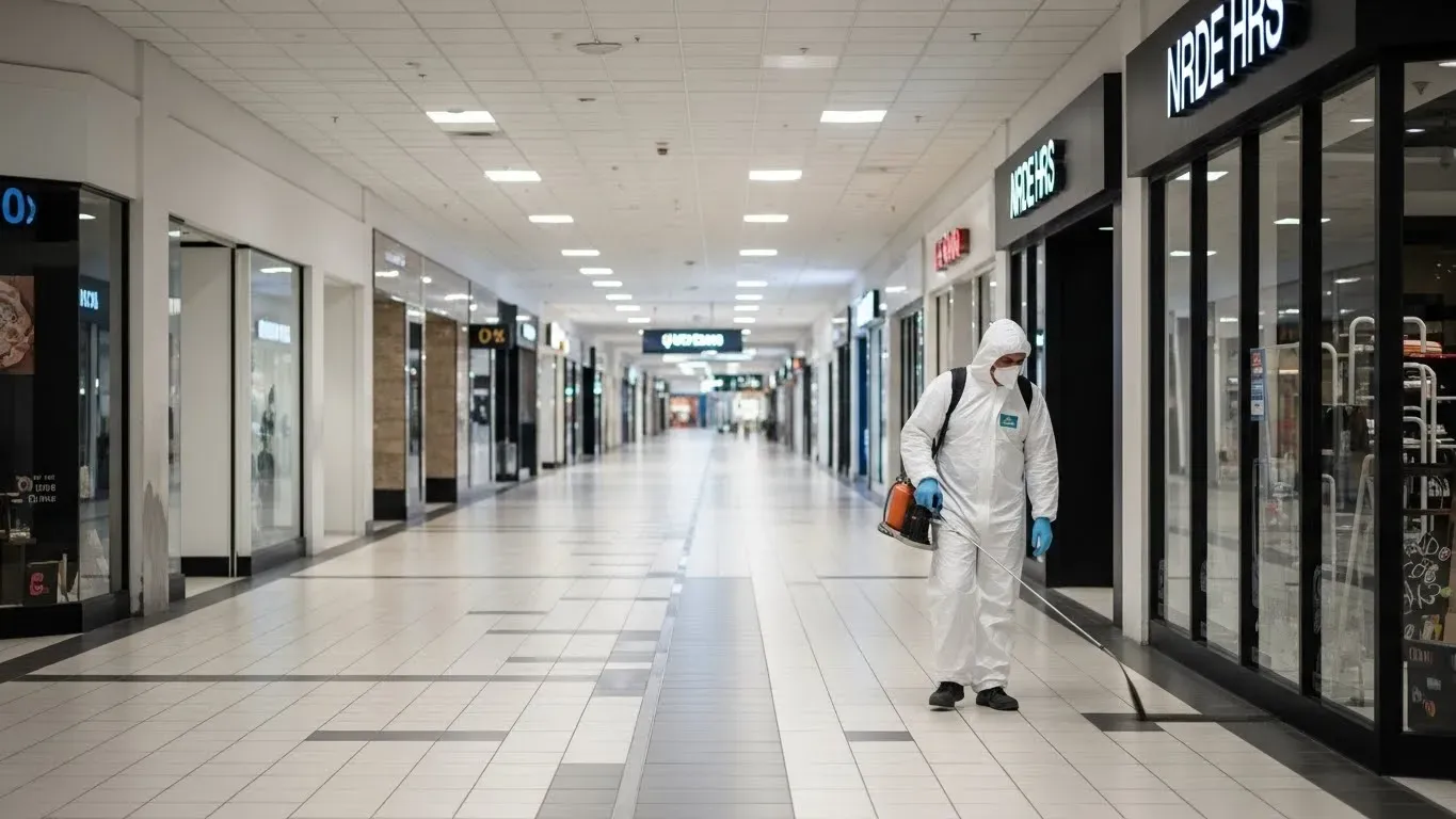 Mold remediation professional inspecting a commercial building corridor for moisture and indoor air quality issues.