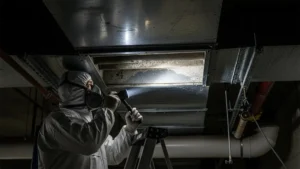 Mold buildup inside HVAC air ducts being inspected by a professional, showing contamination risk to indoor air quality.