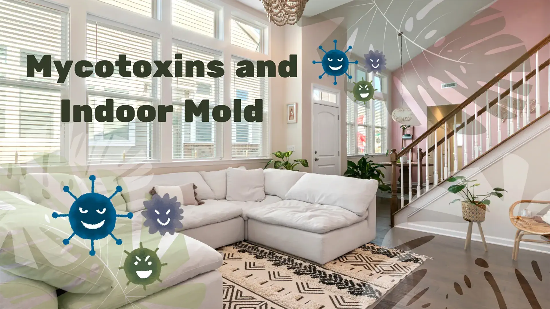 Living room interior illustrating mycotoxins and indoor mold exposure, showing airborne mold icons in a residential space with natural light.