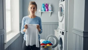 A person is standing in a small laundry room, holding up a white T-shirt with both hands and looking at it with a concerned, slightly puzzled expression