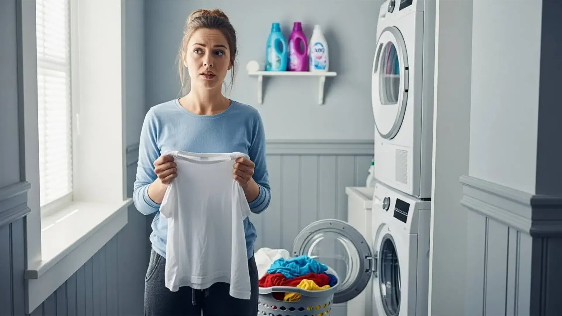 A person is standing in a small laundry room, holding up a white T-shirt with both hands and looking at it with a concerned, slightly puzzled expression