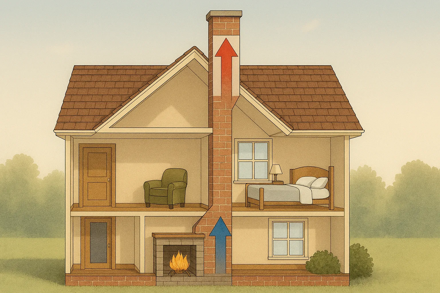 What Is the Stack Effect in Buildings? - A Diagram of a House with a Chimney Showing How the Stack Effect Works
