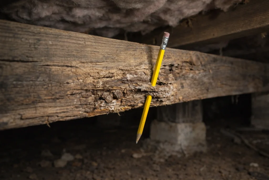 Crawl Space Wood Rot - A Picture of Crawl Space Wood Rot with a Pencil Sticking Through It
