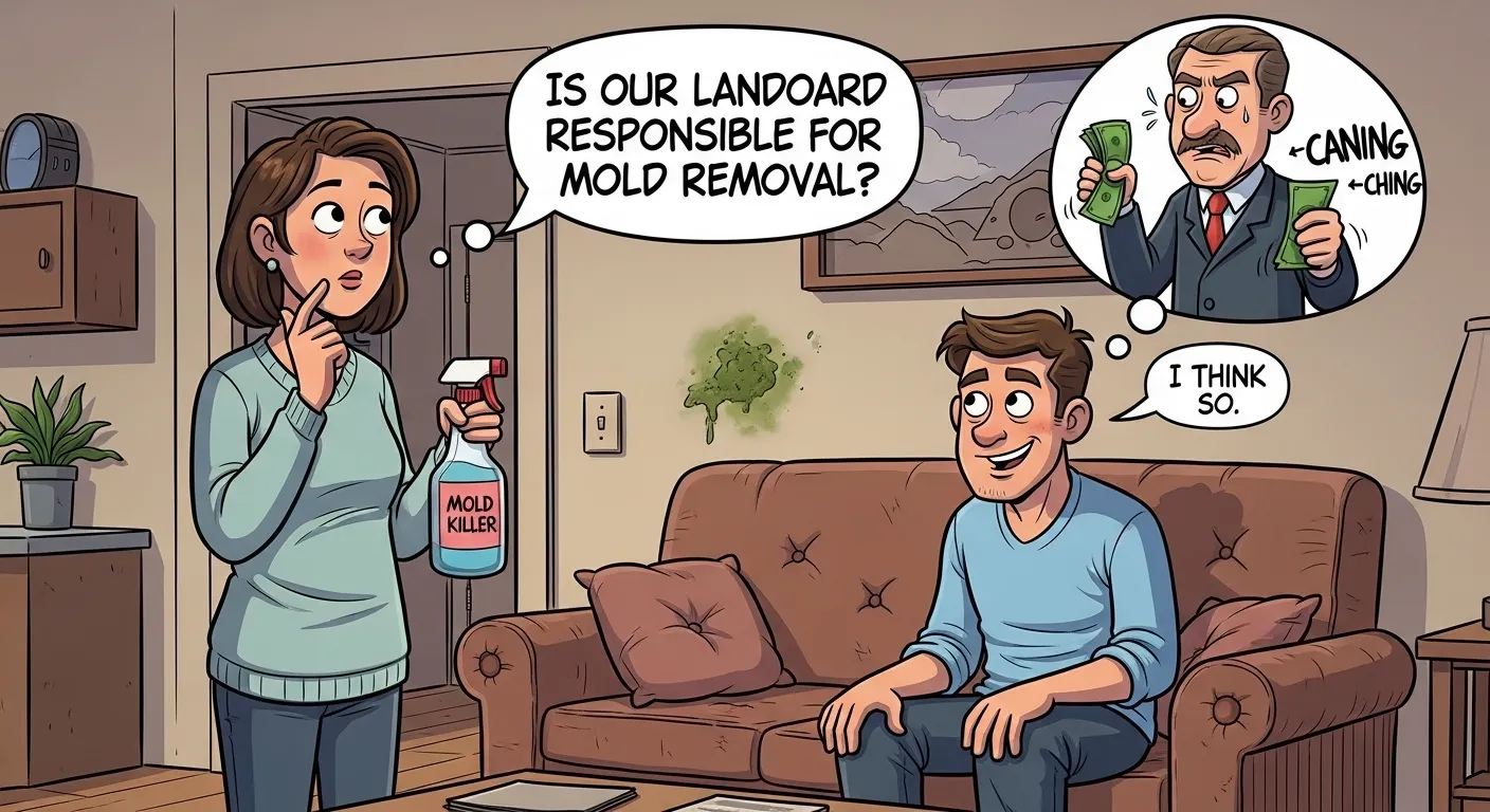Is My Landlord Responsible For Mold Removal - A Funny Cartoon of a Woman Asking Her Husband if the Landlord is Responsible for Mold Removal