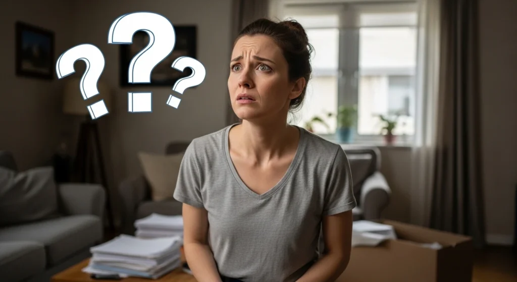 Why Are My Gutters Overflowing? A Worried Homeowner with Question Marks Above Her in the Air