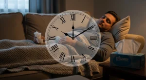 How Long Does Mold Stay In Your System? A Man Laying on a Couch with a Box of Kleenex and a Clock Overlay in Front of the Image