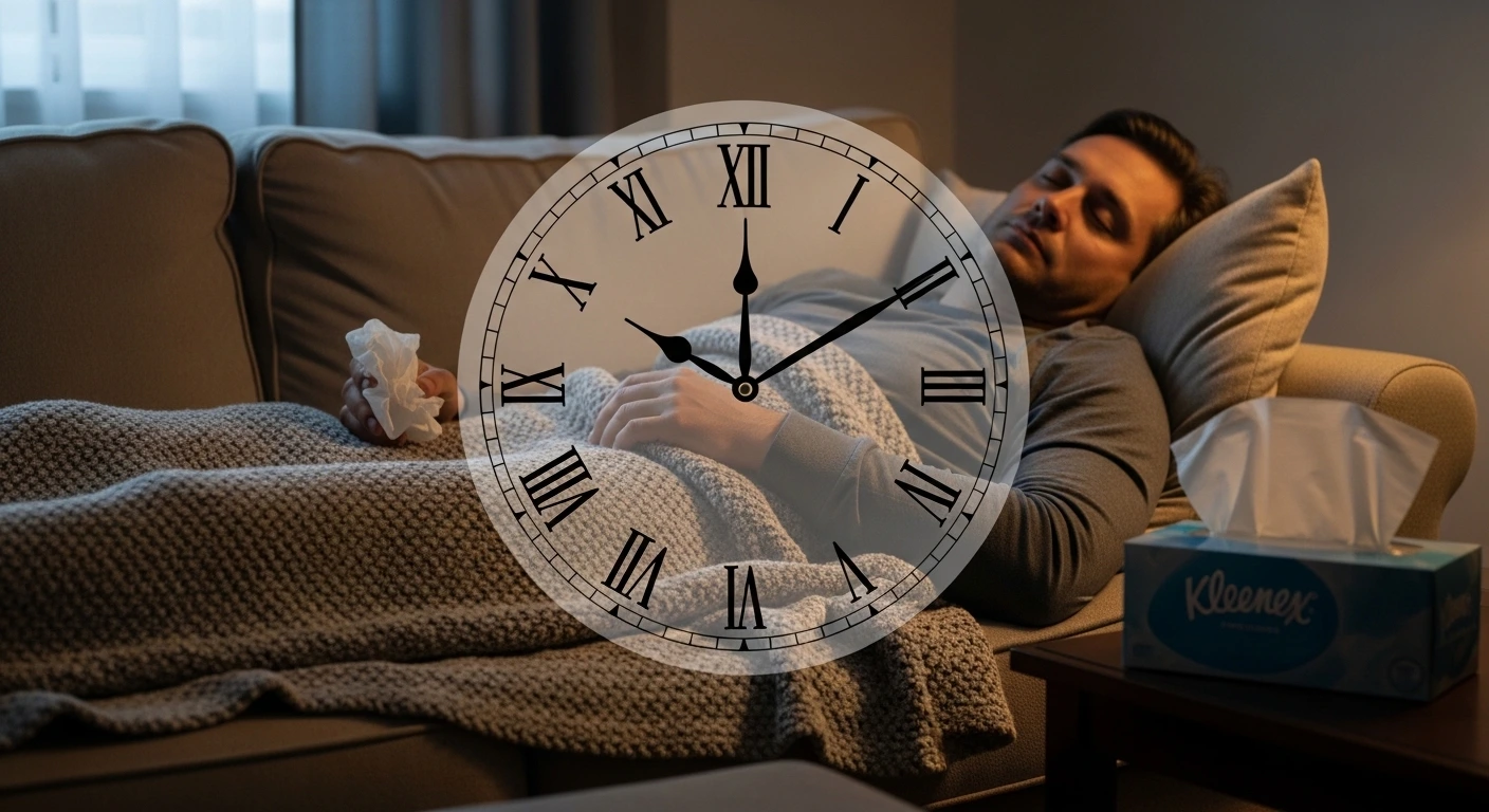 How Long Does Mold Stay In Your System? A Man Laying on a Couch with a Box of Kleenex and a Clock Overlay in Front of the Image